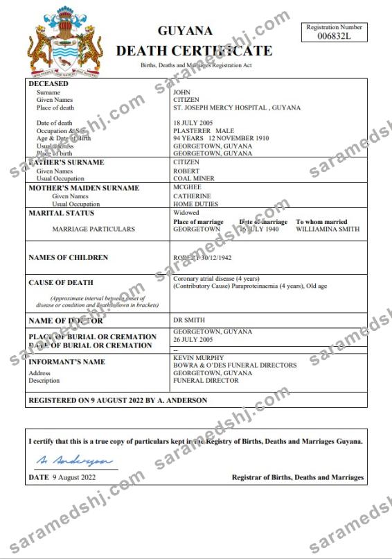 Guyana death certificate Word and PDF template